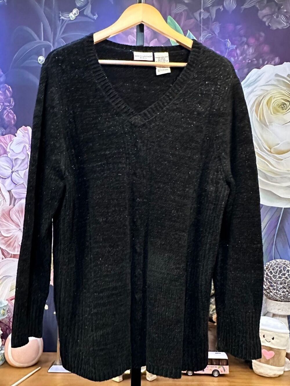 White Stag 22W/24W Plus Size Black Metallic V-Neck High Low Sweater Holiday Glam